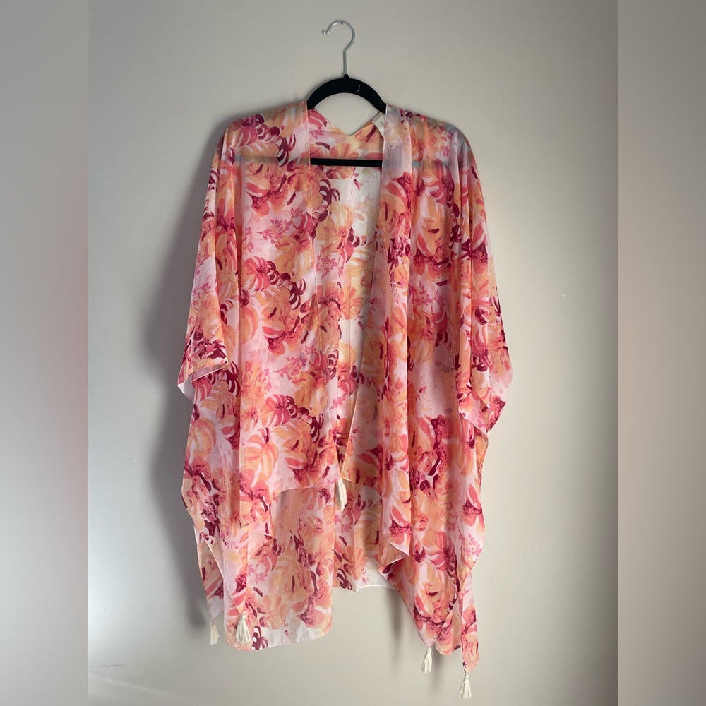 Simply Noelle Orange and Pink Tropical Kimono with Tassels OS